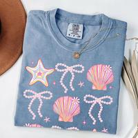 Comfort Colors Retro Coquette Summer Clam T-shirt, Pink Beach Vibes TShirt, Cute Bow Aesthetic T-Shirt, Coastal Cowgirl Summe...