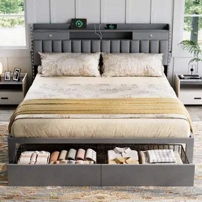 TryLazy Furniture Bed Frame with 4 Drawer, No Mattress, Headboard with Charging Station & Storage, Noise-Free, No Box Spring ...