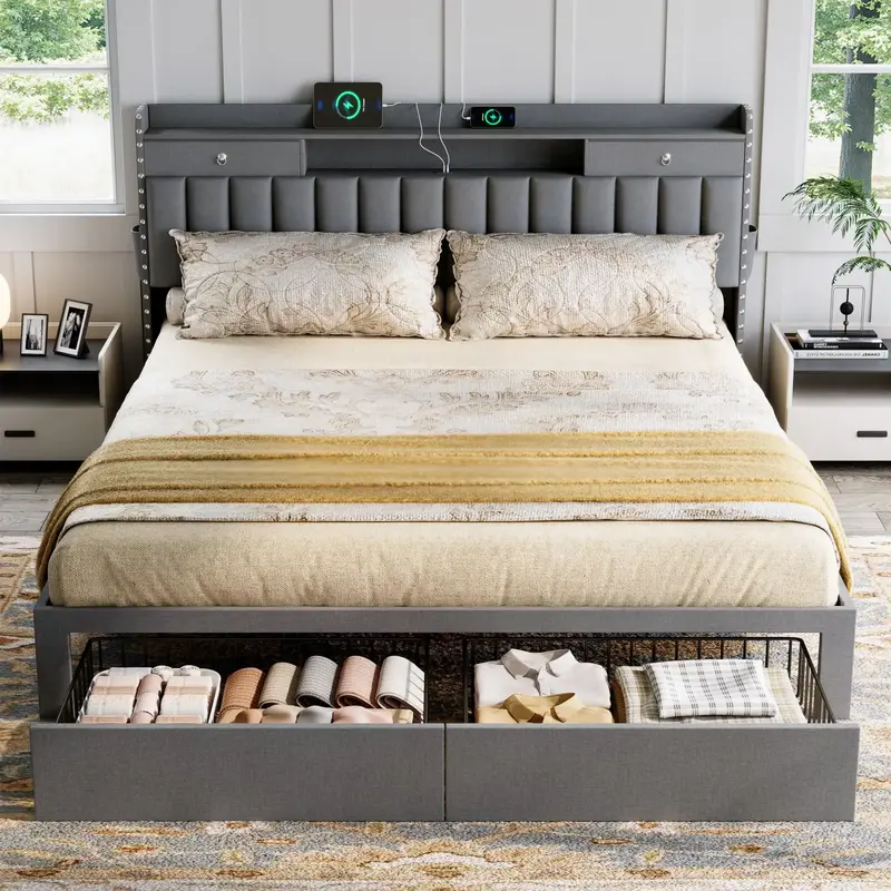 TryLazy Furniture Bed Frame with 4 Drawer, No Mattress, Headboard with Charging Station & Storage, Noise-Free, No Box Spring ...
