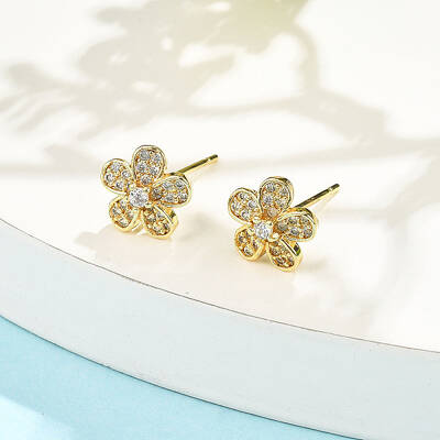 Flower Brass Micro Pave Clear Cubic Zirconia Stud Earrings