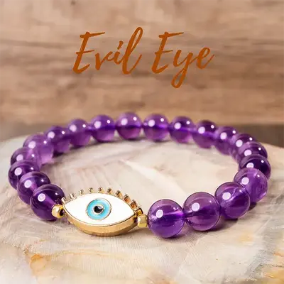 Evil Eye Healing Crystal Bracelet | 8mm Smoky Quartz, Tiger's Eye, Lapis Lazuli, Amethyst, Howlite, Red Agate, Orange Agate, ...