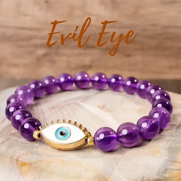 Evil Eye Healing Crystal Bracelet | 8mm Smoky Quartz, Tiger's Eye, Lapis Lazuli, Amethyst, Howlite, Red Agate, Orange Agate, ...