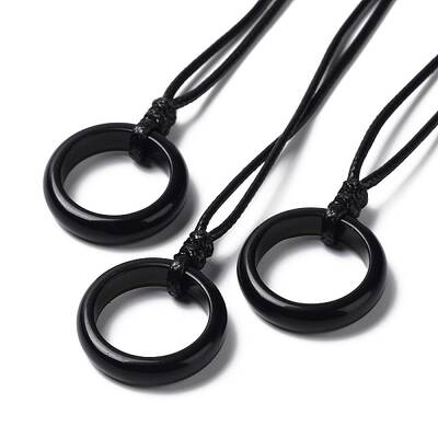 Natural Obsidian Ring Pendant Necklace with Waxed Cords