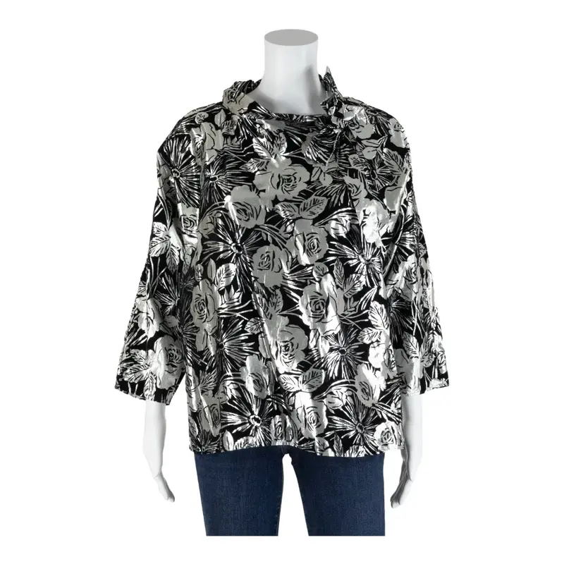 Tie collar Blouse Silver Floral Long Sleeve Womens M