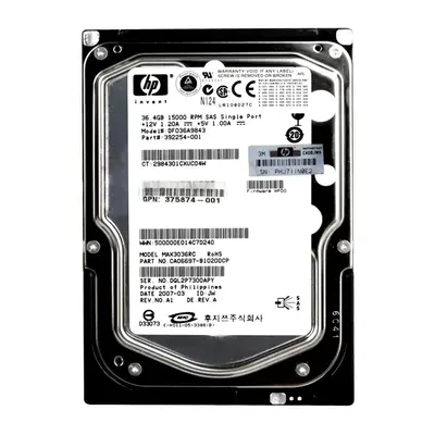 375874-001 HP 36GB 3Gb/s SAS 15000 3.5-inch 8MB Hard Drive