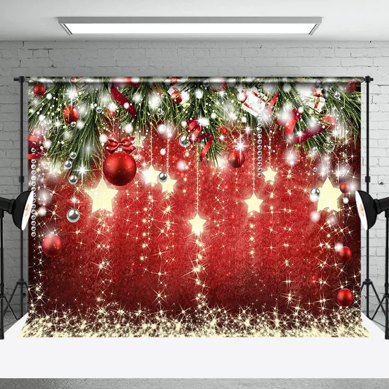 Red Gold Stars Bells Leaves Merry Christmas Backdrop