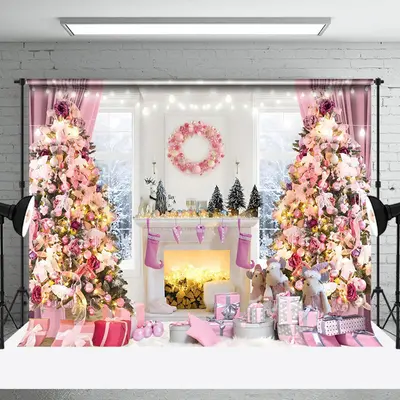 Aperturee Fairy Tale Pink Snowy Window View Christmas Backdrop - Aperturee