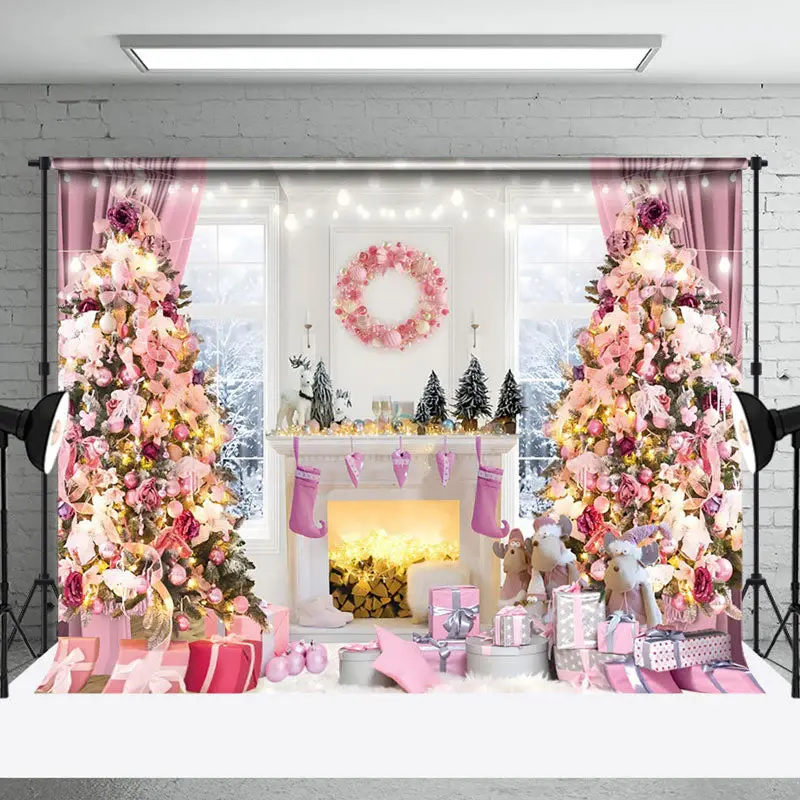 Aperturee Fairy Tale Pink Snowy Window View Christmas Backdrop - Aperturee