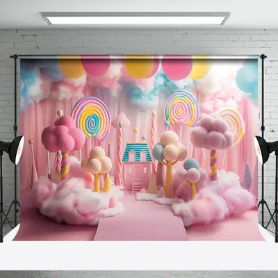 Colorful Candy Balloons Cloud Cake Smash Backdrop