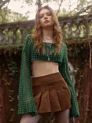 Women's Hollow Out Flounce Sleeve Cover Up Top, Boho Boat Neck Long Sleeve Knit Crop Top, Summer Clothes for Vacation Holiday...