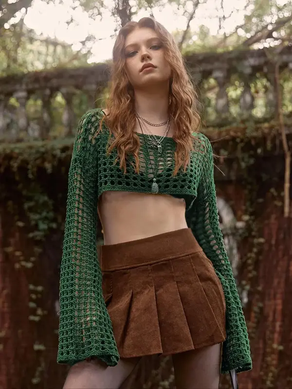 Women's Hollow Out Flounce Sleeve Cover Up Top, Boho Boat Neck Long Sleeve Knit Crop Top, Summer Clothes for Vacation Holiday...