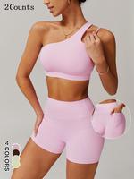 Women's Solid Color Crop Top & Skinny Shorts Set, Breathable Comfortable Tracksuit for Yoga Gym Workout Running, Ladies Sport...