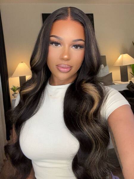 UNice 7x5 Bye Bye Knots™ Glueless Lace Wig Black With Blonde Highlights 3D Body Wave Bleached Knots