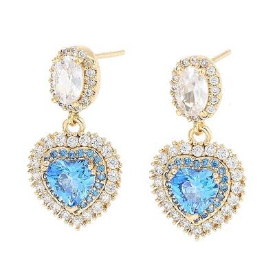 Brass with Sky Blue Glass Dangle Stud Earrings