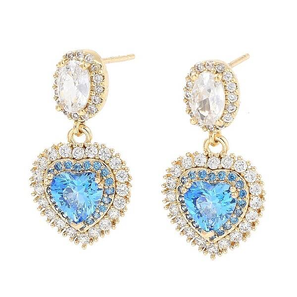 Brass with Sky Blue Glass Dangle Stud Earrings