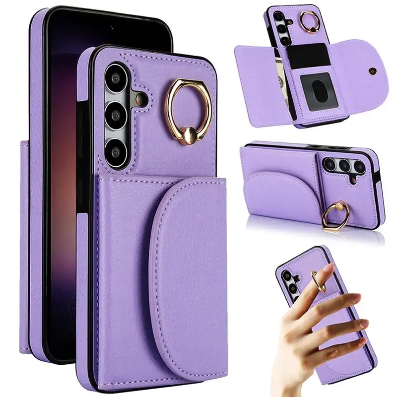 Solid Color Wallet Phone Case, 1 Count PU Leather Phone Protective Cover with Ring Holder & Card Slot, Phone Accessories Comp...