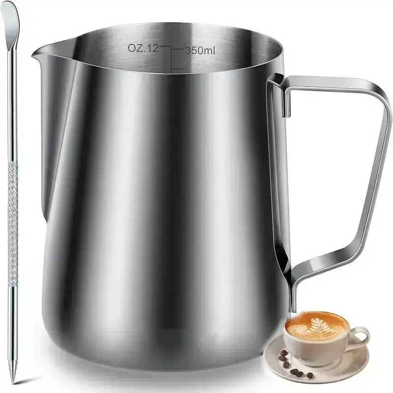 12oz Milk Frother Set, Stainless Steel Milk Pitcher & Latte Art Pen, Milk Frothing Pitcher Cup, Steaming Pitcher with Tick Ma...