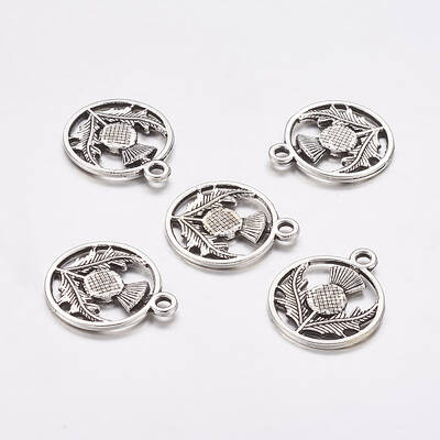 Tibetan Style Alloy Flat Round with Flower Scotland Thistle Pendants