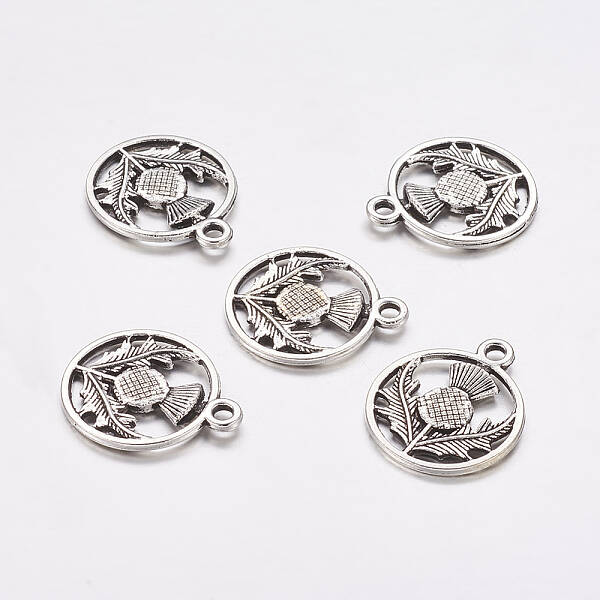 Tibetan Style Alloy Flat Round with Flower Scotland Thistle Pendants