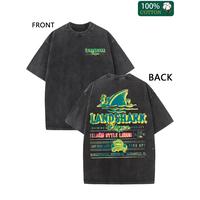 Men's Shark Beer Spray Label Front and Back Graphic Print Washed Cotton T-shirt Fashion Casual Cotton Tee