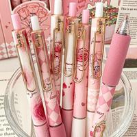 Rose Pattern Neutral Pen, 6 Counts/box Black Ink Press Type Ballpoint Pen, Writing Pen for Office School Student Dormitory Ho...