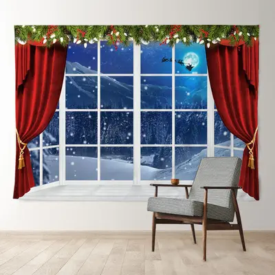 Aperturee Red Curtain Blue Eve Snow Sled Christmas Backdrop
