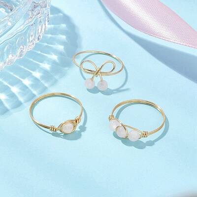 Round Natural Rose Quartz Finger Rings for Women