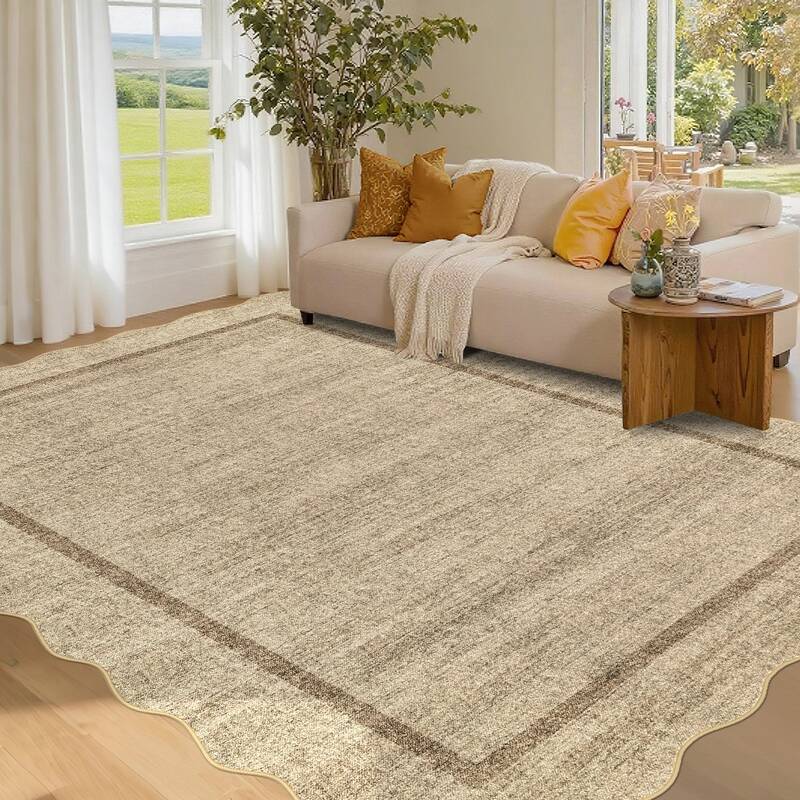 Garvee Large Area Rug 9x10 Scalloped Rug with Non Slip TPR Rubber Backing, Washable Neutral Carpet, Non Shedding Thin Floor M...