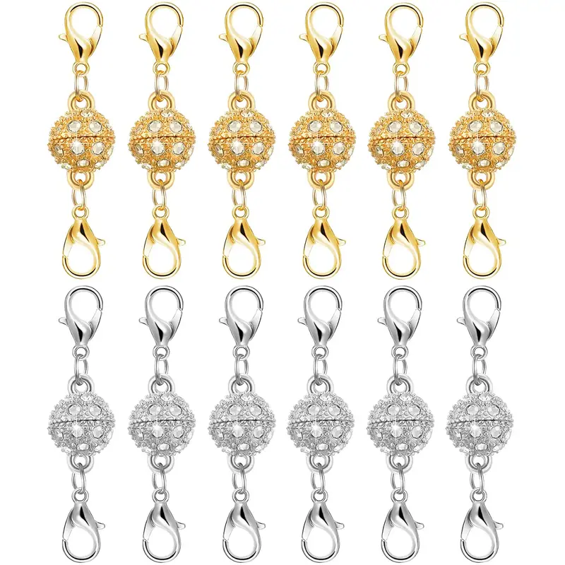 12-Pack Strong Magnetic Necklace Clasps & Extenders - Gold/Silver Plated Stainless Steel Jewelry Closures with Charm, Perfect...