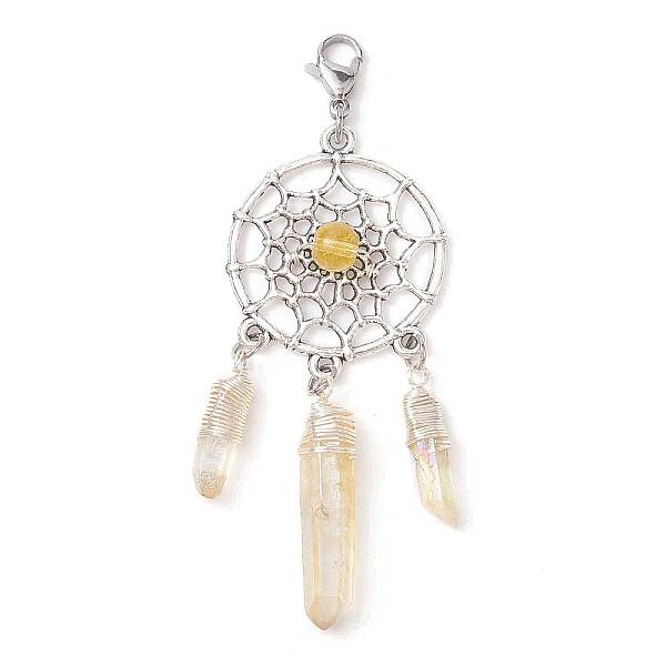 Alloy Woven Net/Web with Natural Yellow Quartz Pendants Decorations