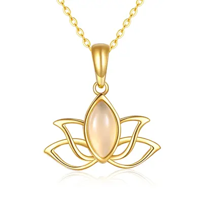 14K Gold Oval Shaped Jade Lotus Pendant Necklace