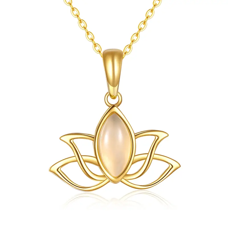 14K Gold Oval Shaped Jade Lotus Pendant Necklace
