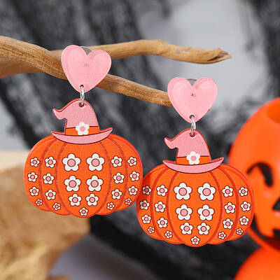 Funny Heart with Pumpkin Acrylic Fashion Stud Earrings