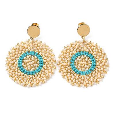Woven Glass Beaded Flat Round Dangle Stud Earrings