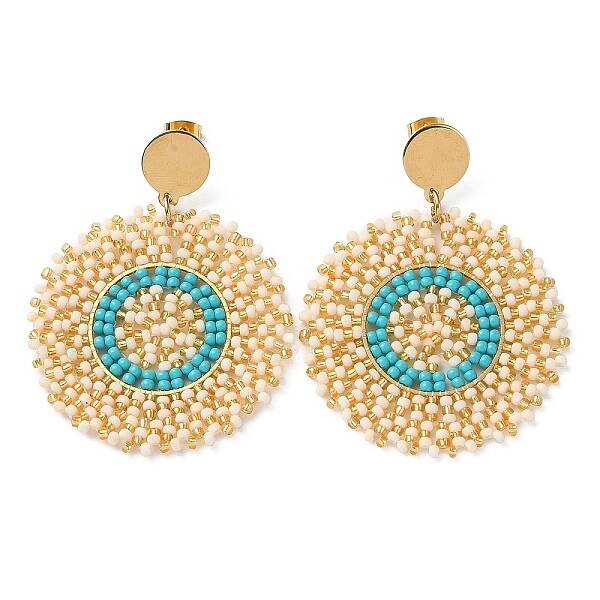 Woven Glass Beaded Flat Round Dangle Stud Earrings