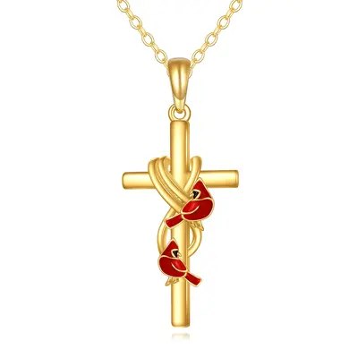 14K Gold Cross Cardinals Pendant Necklace