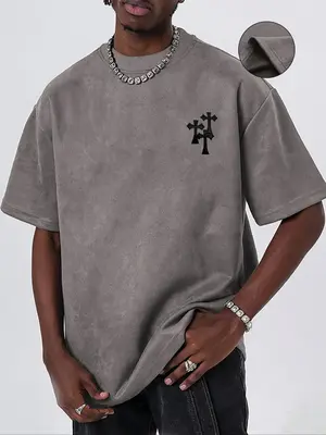 Men's Cross Print Short Sleeve Tee, Loose Casual Soft Comfy Round Neck T-shirt for Summer, Fashion Men's Top for Daily Wear