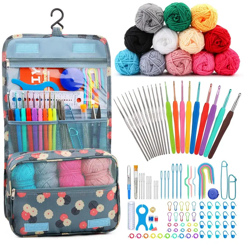 Crochet Hook Set, 130pcs/set Crochet Hook & Yarn & Accessories Storage Bag, Crochet Kit for Beginners, Knitting Supplies for ...