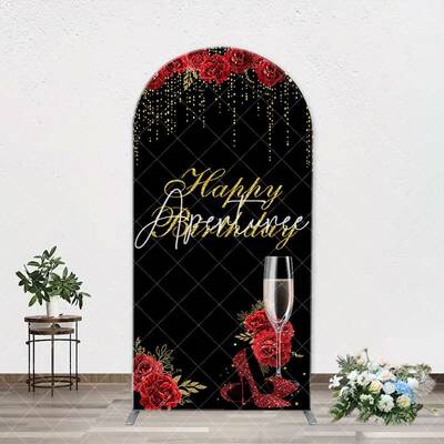 Red Rose High Heel Black Gold Arch Birthday Backdrop