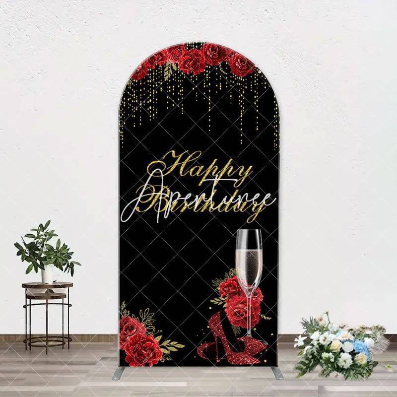 Red Rose High Heel Black Gold Arch Birthday Backdrop