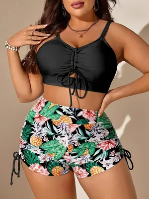 ćPlus Sizeć Ruched Cut Out Bikini Swimsuit Sets, Comfort Drawstring Crop Swim Top & Tropical Print Shorts, Women's Two-pi...