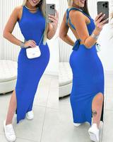 ChicMe Women's Sleeveless Crisscross Backless Slim Bodycon Dress Tied Detail Slit Ribbed Knit Tank Dress