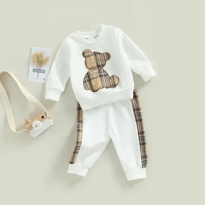 0-24M Baby Girls Autumn Clothes Long Sleeve Plaid Bear Pattern Pullover Sweatshirt Tops Pants Set Child Outfits Tracksuits Se...