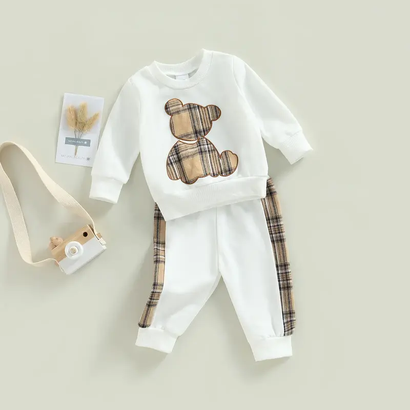 0-24M Baby Girls Autumn Clothes Long Sleeve Plaid Bear Pattern Pullover Sweatshirt Tops Pants Set Child Outfits Tracksuits Se...