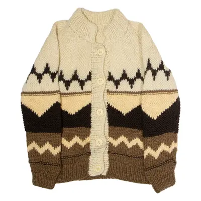Womens Aran Cardigan Beige Geometric High Neck 90s Chunky Knit Wool XL