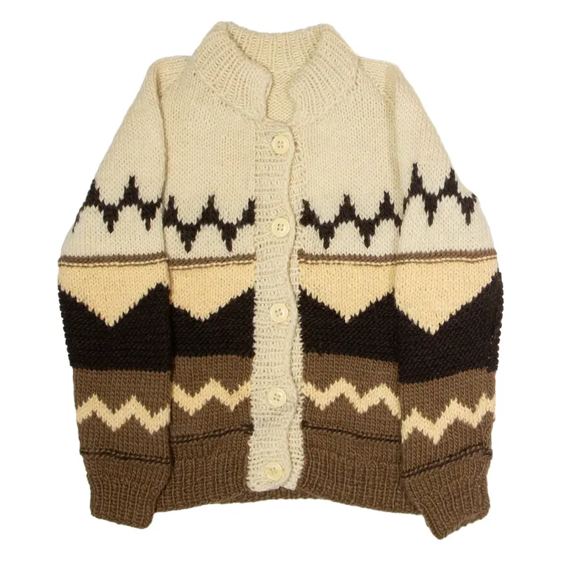 Womens Aran Cardigan Beige Geometric High Neck 90s Chunky Knit Wool XL