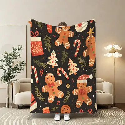 Gingerbread Man Pattern Blanket, 1/2/3 Counts Christmas Theme Soft Comfortable Throw, Air-conditioned Room Blanket, Warm N...