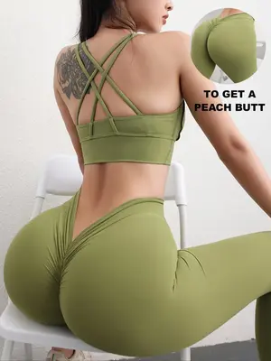 Women's Solid V Back Scrunch Butt High Waist Sports Leggings, Casual Comfy Breathable Ruched Skinny Pants for Yoga Gym Worko...