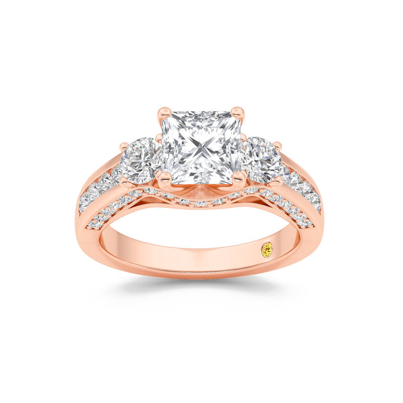 Aarhus Pavé Set Hidden Accent Three Stone Princess Cut Lab Grown Cathedral Diamond Engagement Ring | 14K Rose Gold 5 3/8 CT....