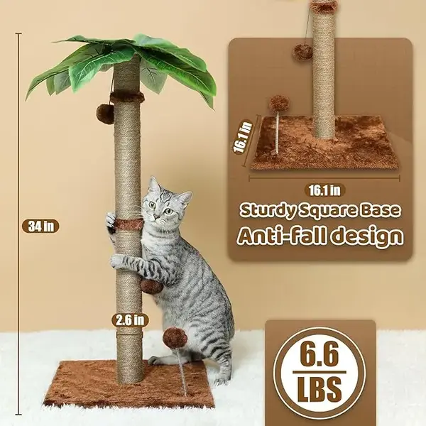 【Cat Palm Tree】POMESEA Cat Scratching Post, 34'' Tall Scratchers Post for Indoor Cats, Cute Cat Tree Climbing Post for La...
